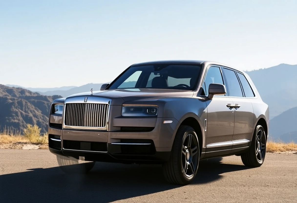 Rolls-Royce Cullinan, SUV de luxe gris, vue de trois-quarts avant dans un paysage montagneux